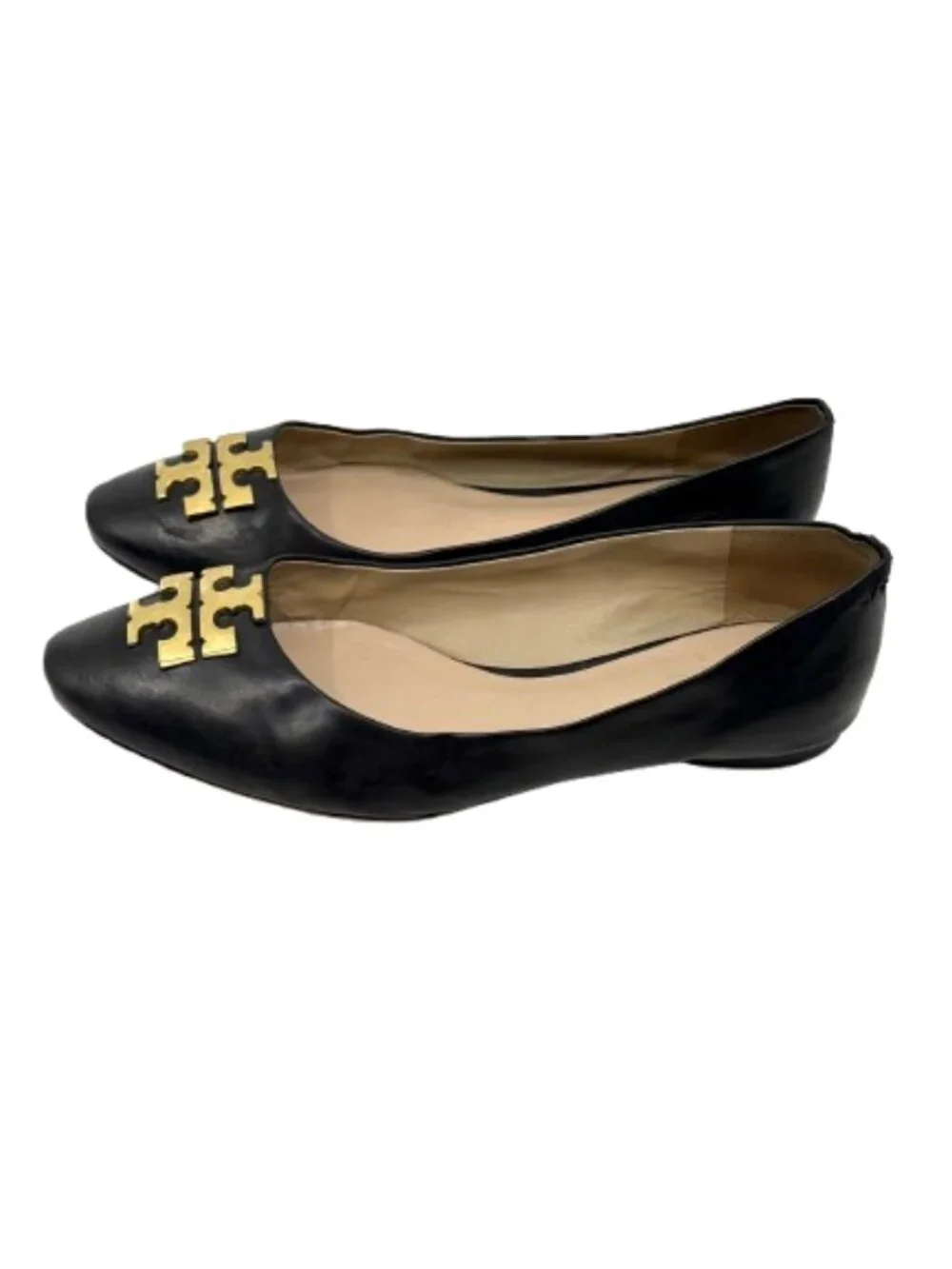 TORY BURCH~Raleigh~BLACK LEATHER BALLET FLATS SHOES GOLD LOGO Size 9M